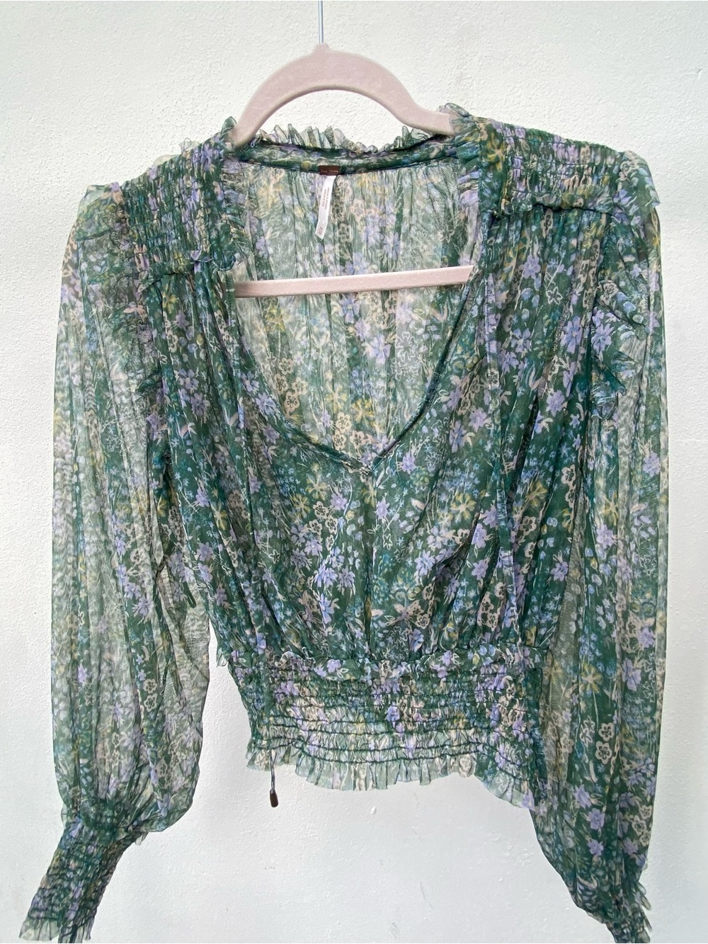 Free People Green & Purple Floral Ruffle Smocked Bishop Sleeve Blouse Medium